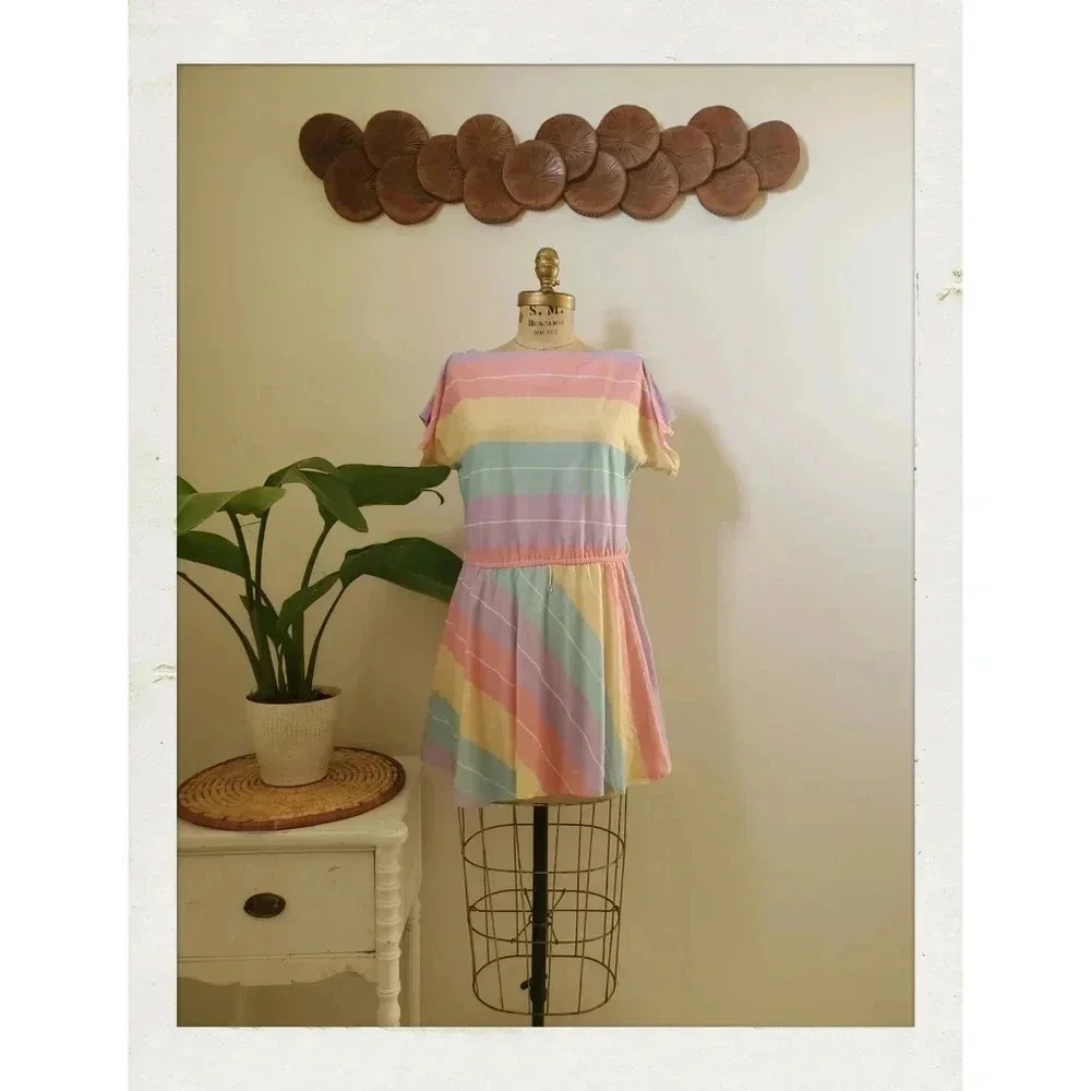 Vintage 70s Sherbert Pastel Babydoll Skate Mini Dress Top Pattern FAIR